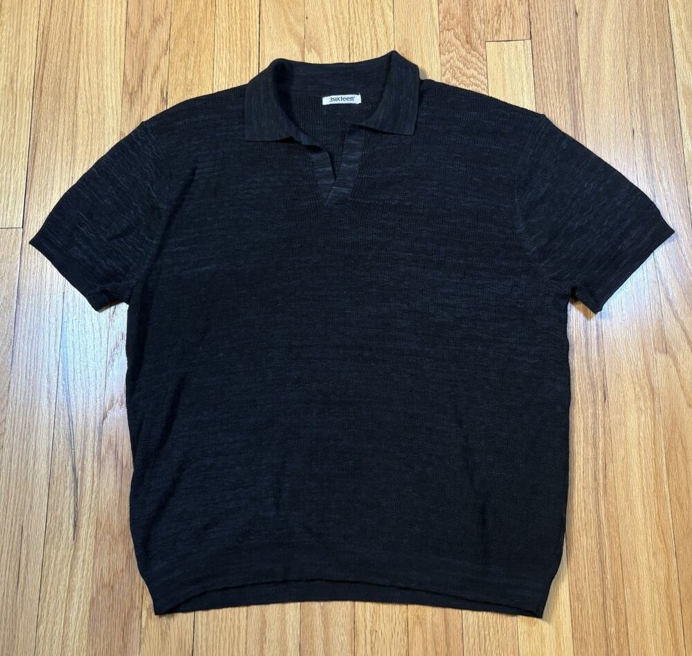 3sixteen Knit Polo Shirt Small Vintage Black Boxweave Cotton Short Sleeve Peru
